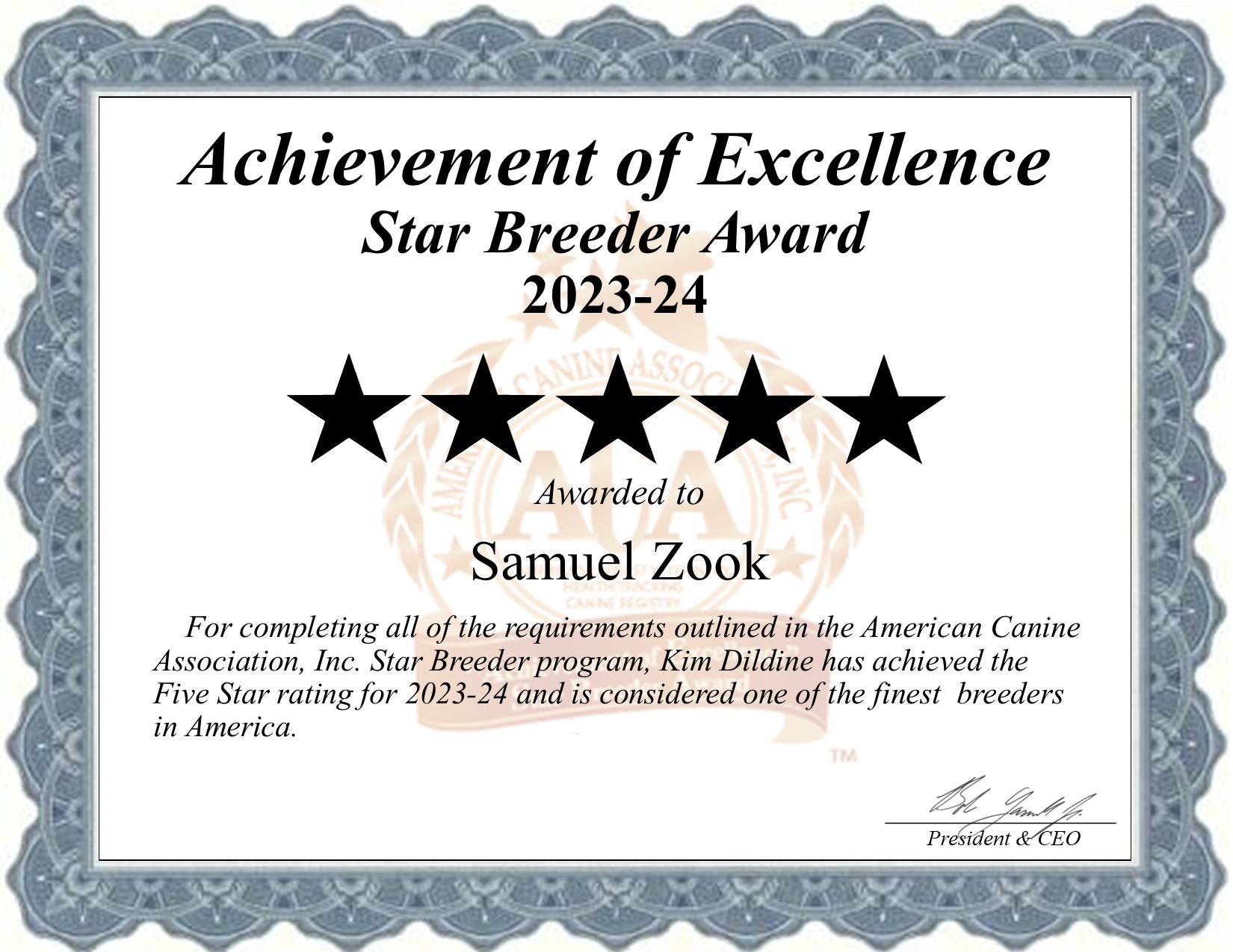 Sam Zook professional dog breeder 5 Star Breeders Certificate Award